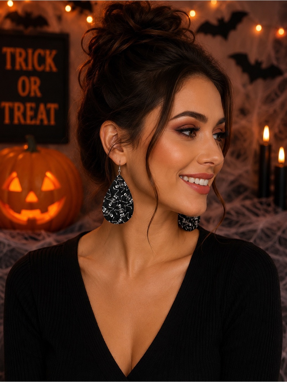 Halloween Dancing Skeleton Leather Earrings
